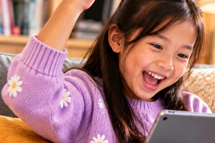A student cheering at her tablet