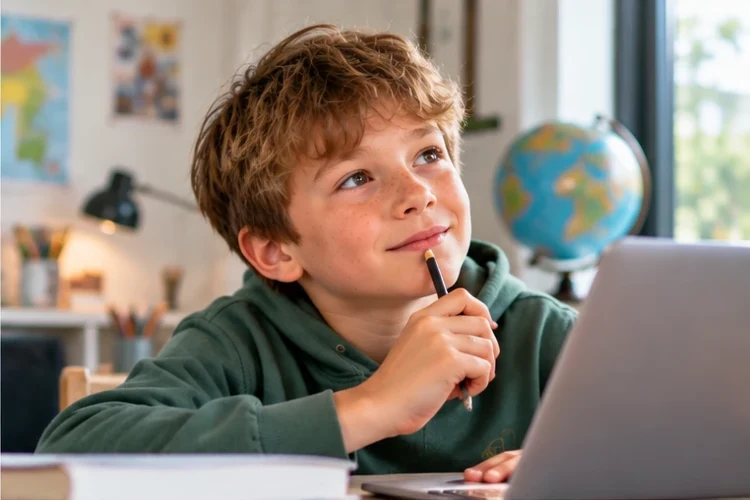 A student thinking at his laptop