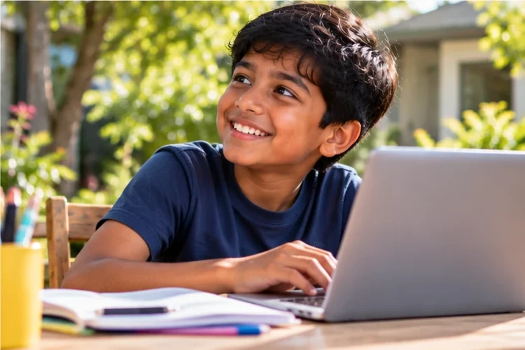 A student smiling at his laptop