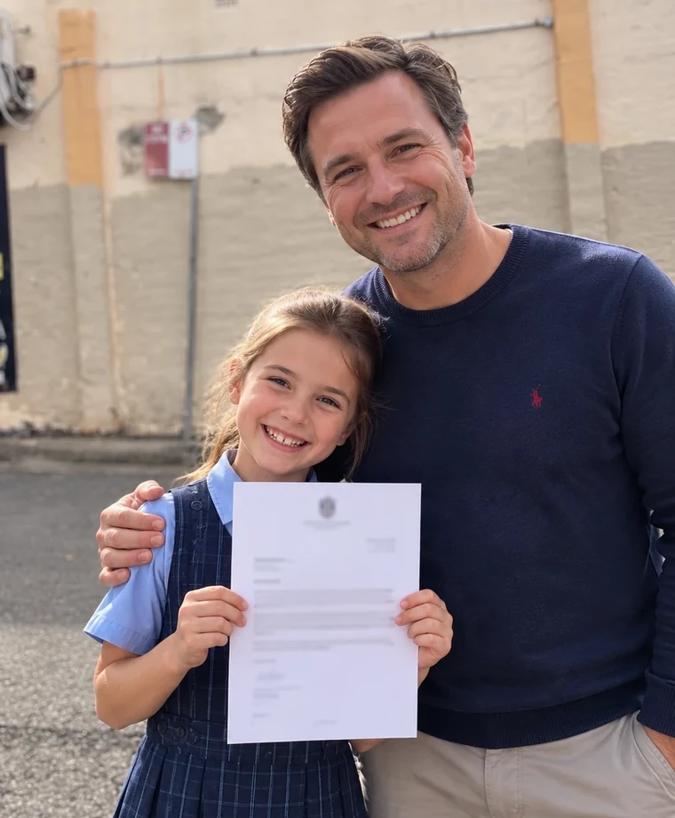 A student and her father holding a letter