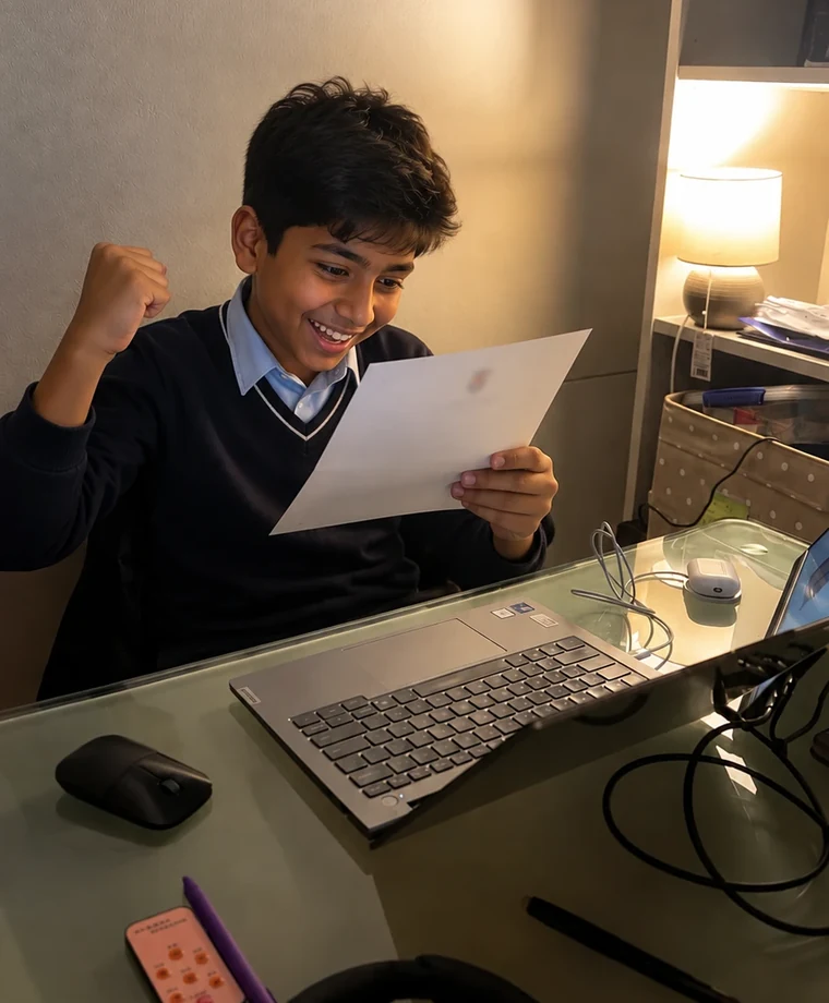 A student reading a letter at his desk